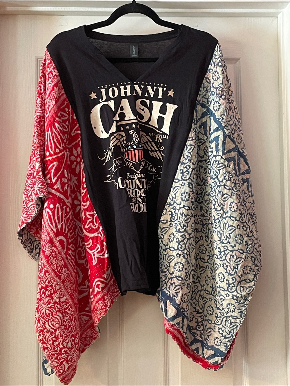 Gildan Black Pullover with Red & Blue Patterned Patchwork Sleeves